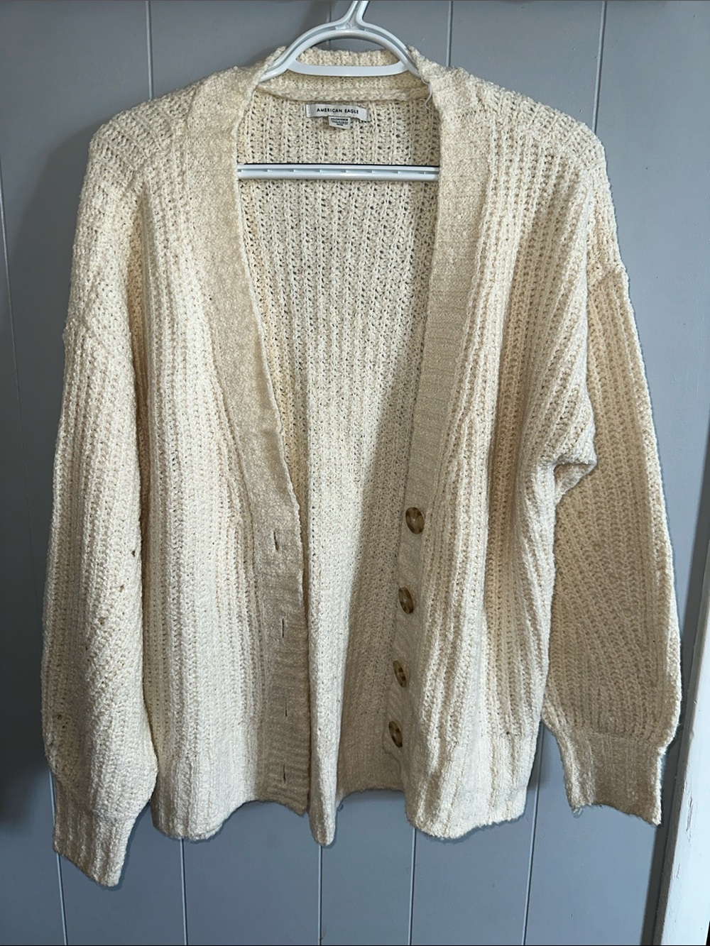 American Eagle Outfitters Cream Knit Button-Front Cardigan